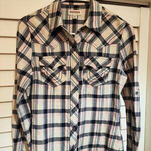 True Religion Flannel Button up Plaid Western Pink XS Womens Shirt Extra Small